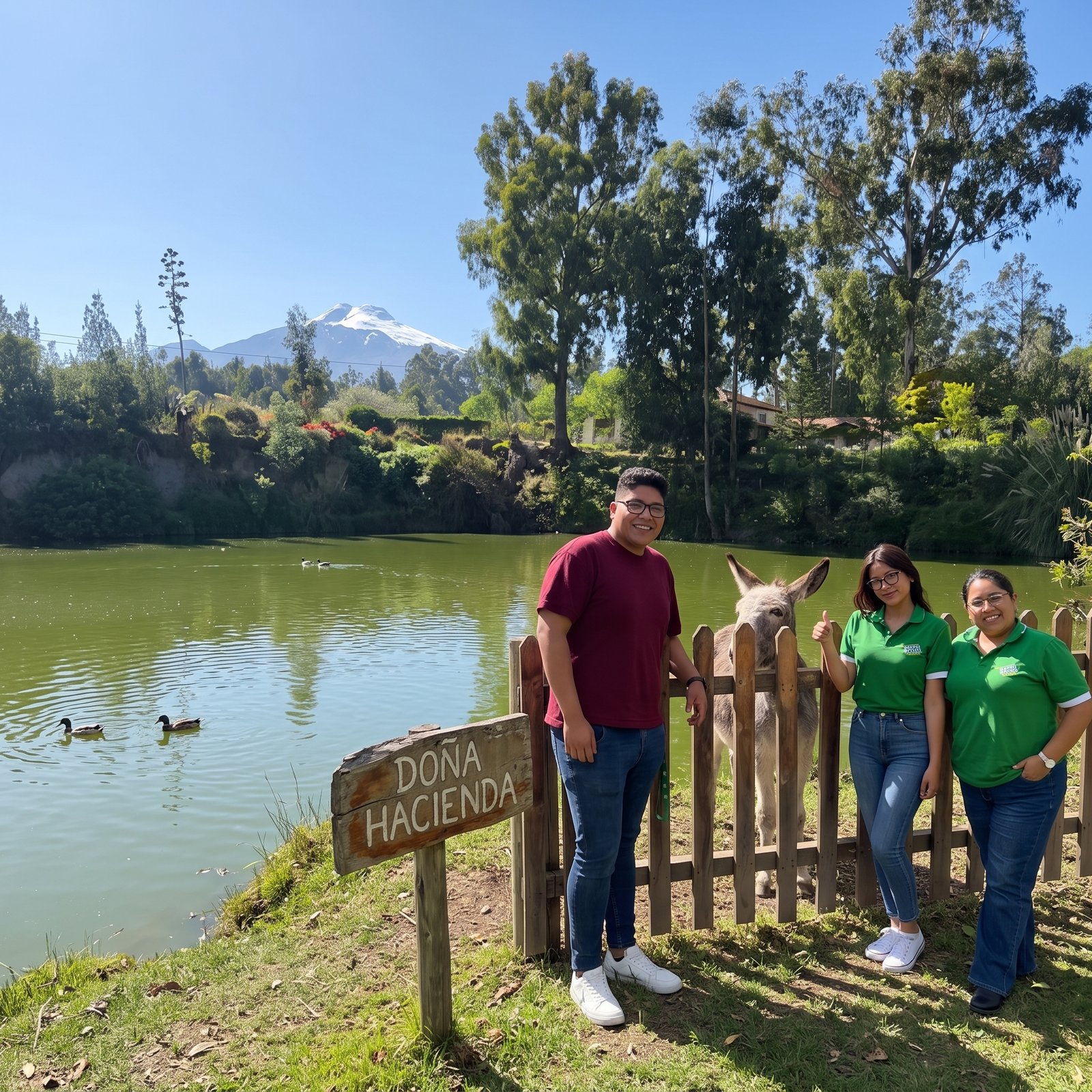 Terraza cubierta con mesas de madera junto a un jardín con huerto en La Doña Hacienda, con las montañas al fondo